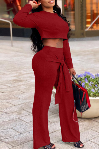 Burgundy Fashion Casual Solid Bandage O Neck Long Sleeve Two Pieces