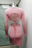 Pink Fashion Sexy Solid Hollowed Out O Neck One Step Skirt Dresses
