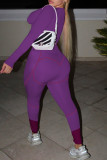 Пурпурный Повседневная спортивная одежда С принтом Пэчворк О-образный вырез Длинный рукав Из двух частей