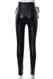 Black Sexy Solid Hollowed Out Patchwork Frenulum Asymmetrical Skinny High Waist Pencil Patchwork Bottoms