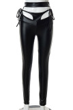Black Sexy Solid Hollowed Out Patchwork Frenulum Asymmetrical Skinny High Waist Pencil Patchwork Bottoms