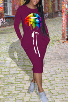 Falda de un paso con cuello en O de frenillo con bolsillo de retazos estampado informal púrpura Vestidos