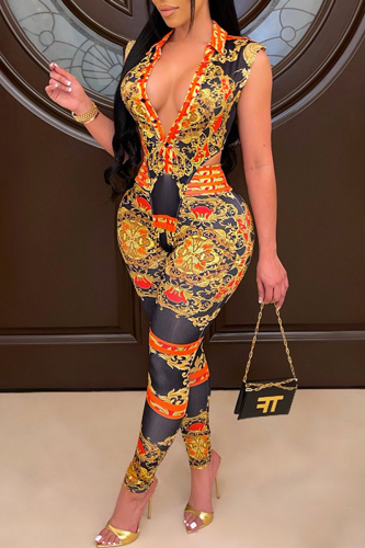 Yellow Sexy Print Patchwork V Neck Sleeveless Two Pieces