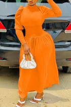 オレンジ ファッション カジュアル ソリッド パッチワーク タートルネック ウエスト スカート ドレス