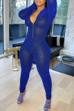 ブルー ファッション セクシー ソリッド ベーシック ジッパー カラー スキニー ジャンプスーツ