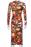 Colour Sexy Print High Opening O Neck Pencil Skirt Dresses