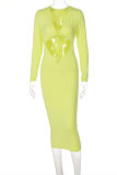 Green Fashion Sexy Solid Bandage Hollowed Out V Neck Long Sleeve Dresses