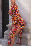 Colour Sexy Print High Opening O Neck Pencil Skirt Dresses