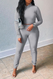 Grey Sexy Solid Patchwork Hooded Collar Long Sleeve Two Pieces