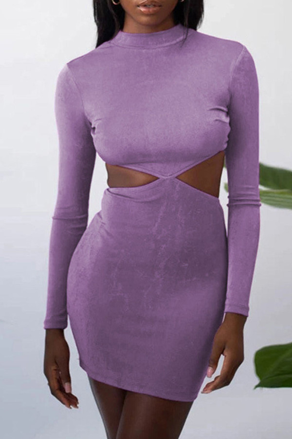 Purple Fashion Sexy Solid Hollowed Out O Neck One Step Skirt Dresses