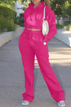 Розово-красный модный повседневный однотонный базовый воротник с капюшоном с длинным рукавом из двух частей
