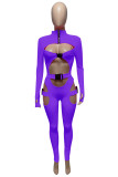 Фиолетовые сексуальные повседневные однотонные облегающие комбинезоны с водолазкой в ​​стиле пэчворк