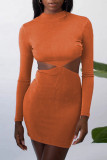 Apricot Fashion Sexy Solid Hollowed Out O Neck One Step Skirt Dresses