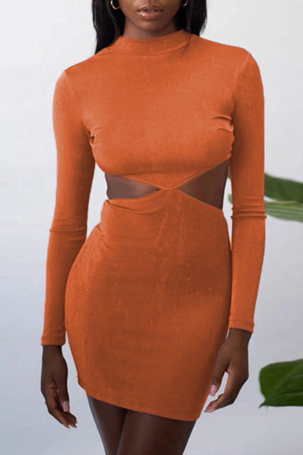 Vestidos de falda de un paso con cuello en O ahuecado sólido sexy de moda naranja