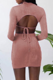 Pink Fashion Sexy Solid Hollowed Out O Neck One Step Skirt Dresses