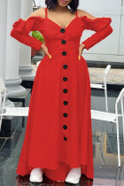 Vestido vermelho casual doce sólido patchwork fivela babado alça espaguete vestido estilingue