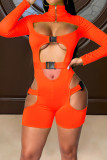 Orange Sexy Solid Patchwork See-through Zipper Collar Skinny Rompers