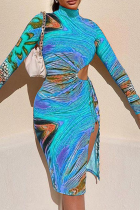 Синий сексуальный принт выдалбливают половину водолазки юбка-карандаш платья