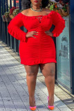 Moda vermelha sexy sólido sem costas fora do ombro manga comprida vestidos plus size