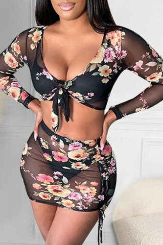 Black Sexy Print Patchwork V Neck Long Sleeve Two Pieces