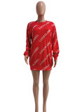 Vestidos de manga larga con cuello en O básicos con estampado de letras informales de moda roja