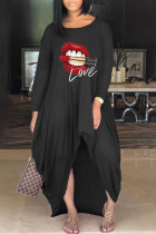 Vestidos de manga larga con cuello en O asimétrico y estampado informal negro