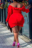 Rode mode Sexy effen rugloze off-shoulder jurken met lange mouwen en grote maten