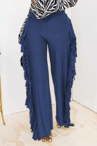 Pantalones rectos de color sólido rectos de cintura alta con borlas sólidas de moda azul