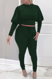 Ink Green Casual Solid Patchwork O Neck Long Sleeve Two Pieces