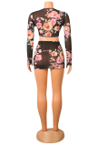Black Sexy Print Patchwork V Neck Long Sleeve Two Pieces