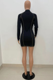 Black Fashion Sexy Solid Patchwork Zipper Collar Long Sleeve Dresses