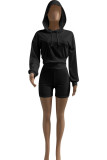 Black Fashion Sportswear Solid Patchwork Hooded Collar Long Sleeve Two Pieces