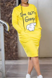 イエローファッションカジュアルプリントパッチワークOネックワンステップスカートドレス