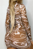 Robes à manches longues à col roulé de base à imprimé sexy marron