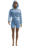 Sky Blue Fashion Sportswear Solid Patchwork Hooded Collar Long Sleeve Two Pieces