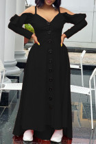 Черное повседневное милое однотонное платье на бретельках с пряжкой в ​​стиле пэчворк и воланами.