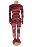 Burgundy Fashion Casual Striped Print Basic O Neck Long Sleeve Two Pieces