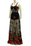 Zwarte Britse stijl borduurwerk patchwork doorzichtige rechte jurken met spaghettibandjes