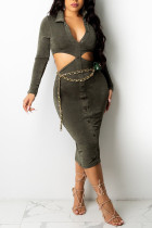 Army Green Sexy Solid Hollowed Out Patchwork Buckle Turndown Collar One Step Skirt Dresses