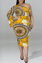 Gouden mode sexy plus size print uitgeholde rugloze schuine kraag jurken met lange mouwen