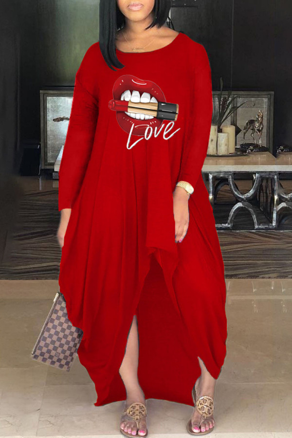 Rode casual print patchwork asymmetrische O-hals jurken met lange mouwen