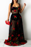 Zwarte Britse stijl borduurwerk patchwork doorzichtige rechte jurken met spaghettibandjes