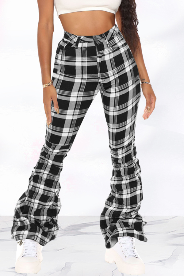 Pantalones con estampado completo de altavoz de cintura media con corte de bota de patchwork a cuadros sexy en blanco y negro
