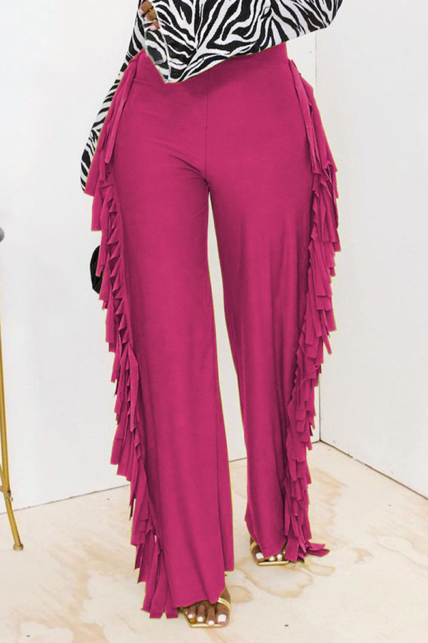 Розово-красные модные однотонные прямые однотонные штаны с высокой талией и кисточками
