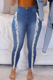Diepblauwe street solid kwastje patchwork skinny jeans met hoge taille