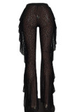 Zwarte mode sexy patchwork doorschijnende normale hoge taille broek met wijde pijpen