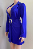 Royal Blue Fashion Street Solid Patchwork Turn-back Collar Pencil Skirt Dresses
