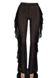 Calças pretas moda sexy patchwork transparentes regulares de cintura alta largas