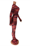 Бордовый модный повседневный полосатый принт с круглым вырезом и длинным рукавом из двух частей
