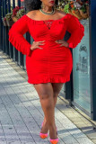 Rote Mode Sexy Solide Rückenfrei Schulterfrei Langarm Kleider in Übergröße